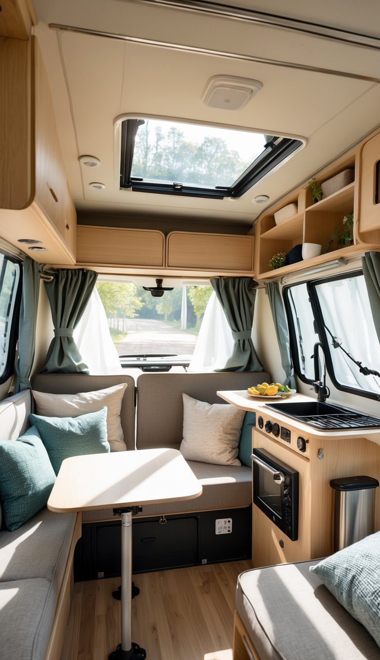 Interior of a pop-up camper showing a sleeping area, kitchenette, foldable dining table, and storage solutions with natural light coming through windows.