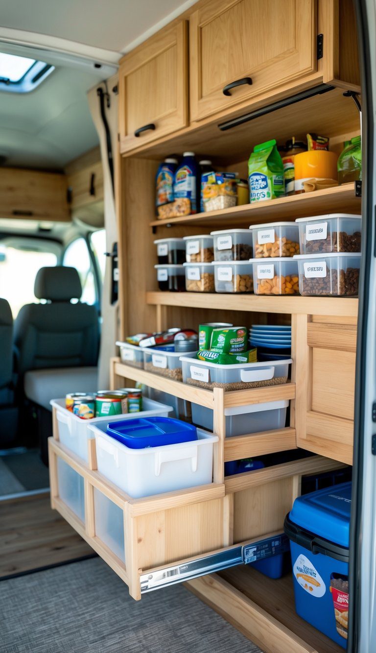 Interior of a pop-up camper showing an under-seat slide-out pantry with neatly organized stackable bins filled with camping supplies.
