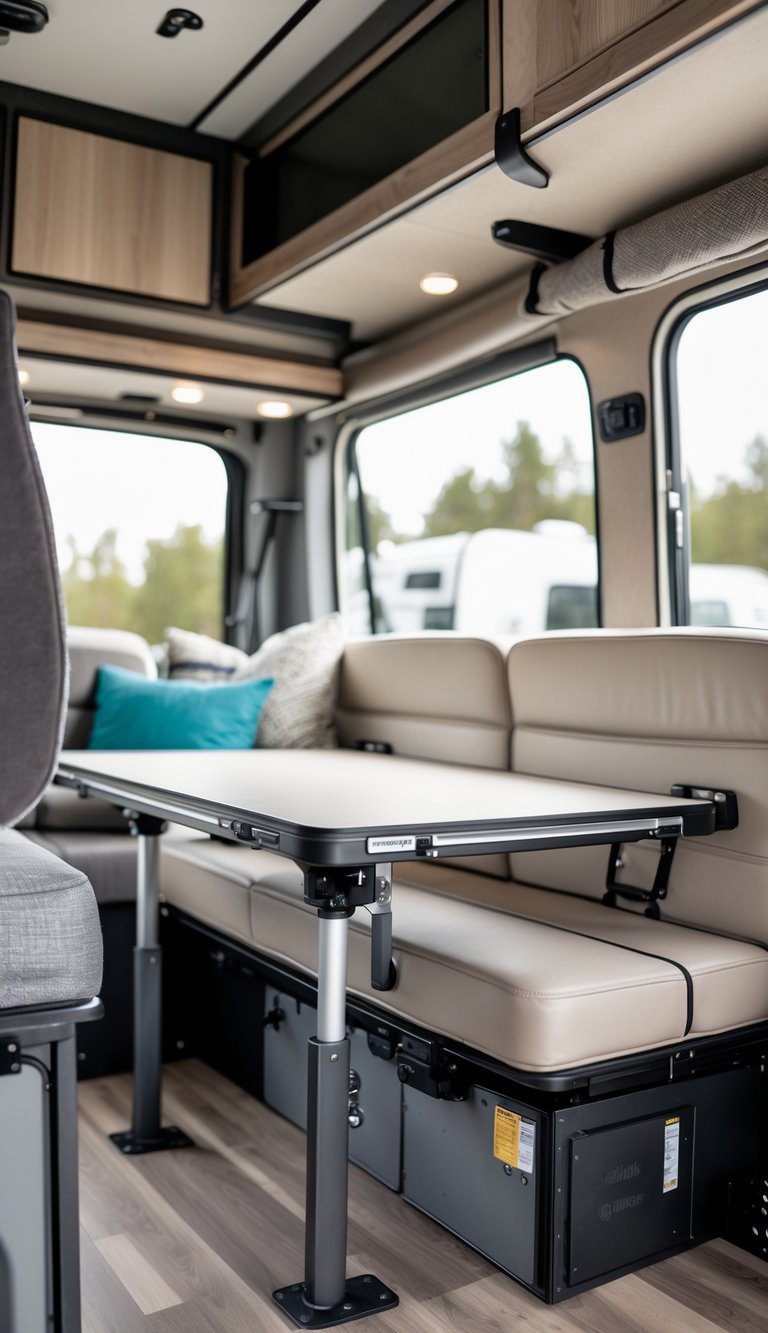 Interior of a pop-up camper showing a convertible dinette folded down into a full bed with cushions and storage compartments.