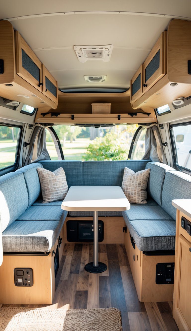 Interior of a pop-up camper showing custom foam cushions covered in durable fabric on built-in seating, with organized storage and compact furniture.