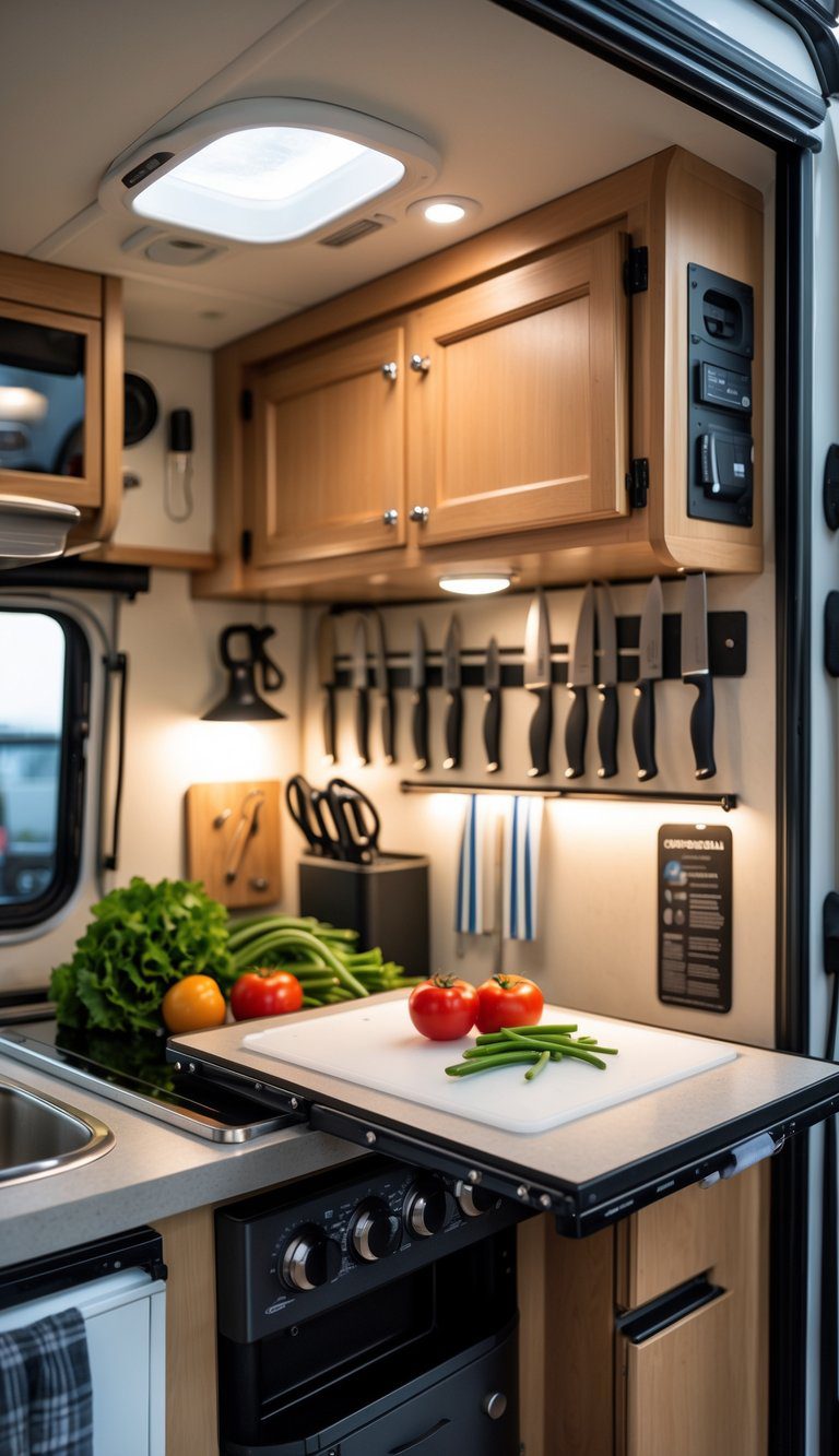 Interior of a pop-up camper galley with a magnetic knife strip and an open fold-down prep shelf holding a cutting board and vegetables.
