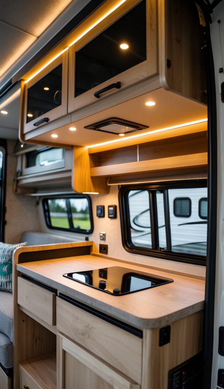 Interior of a pop up camper kitchen with overhead cabinets illuminated by LED puck lights and dimmer strips, showing a compact and organized space.