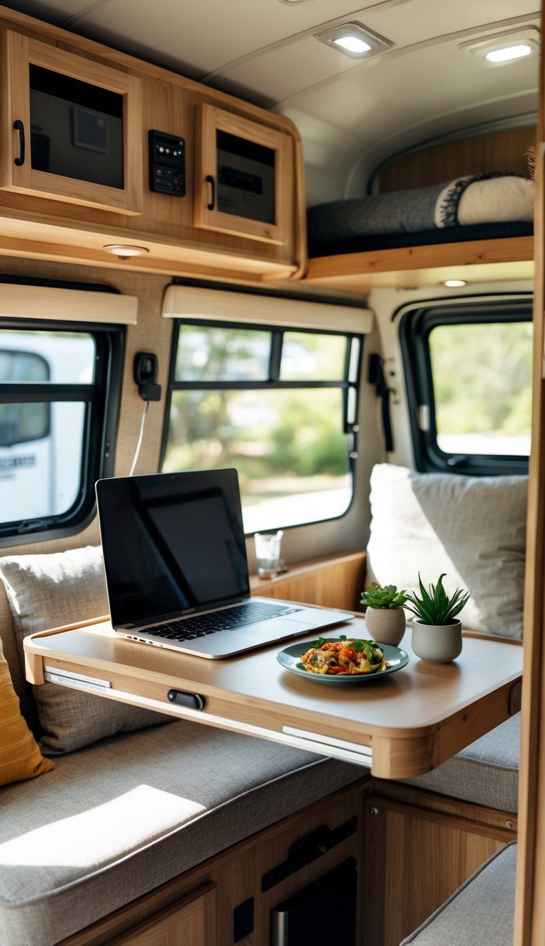 Interior of a pop up camper with a wall-mounted collapsible table holding a laptop and dining items, surrounded by seating and storage.