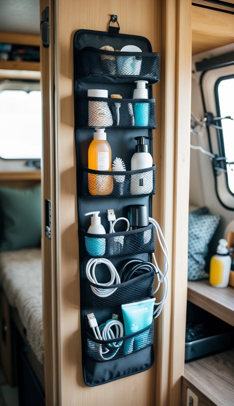 A vertical shoe organizer used to store toiletries and cords inside a small pop-up camper.