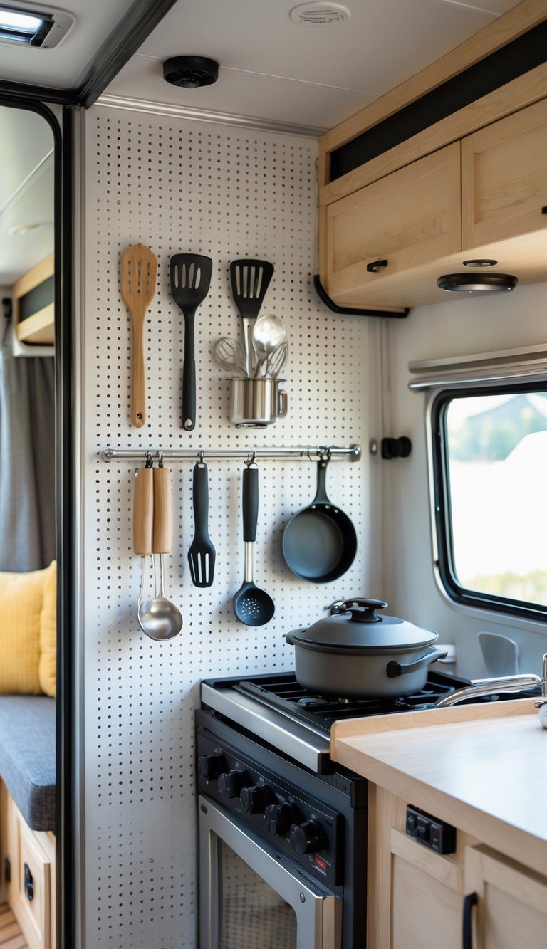 Interior of a pop up camper showing an aluminum pegboard panel with cooking utensils hanging, surrounded by compact kitchen storage and seating.