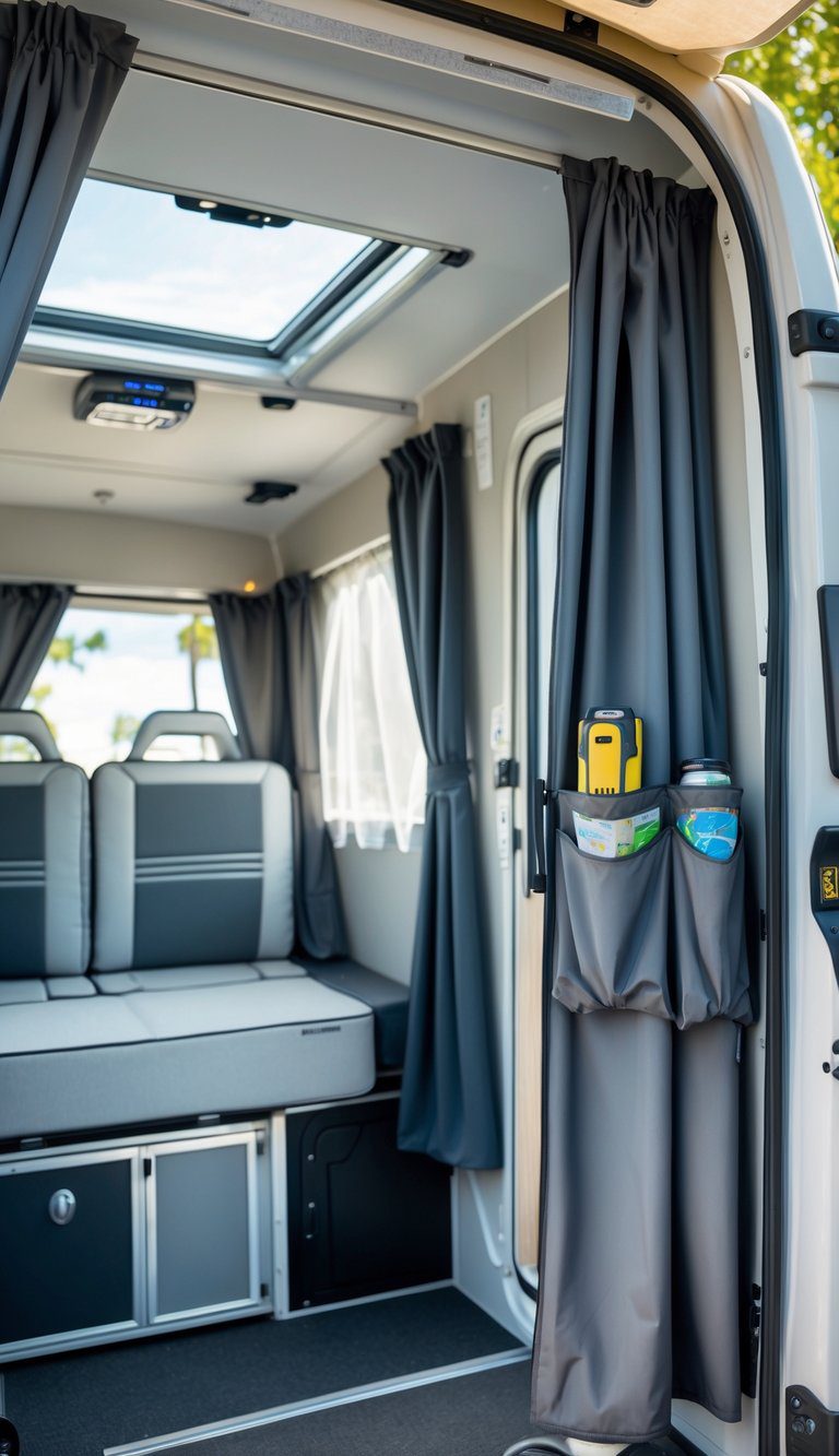 Interior of a pop-up camper with removable blackout curtains featuring built-in storage pockets holding camping items.