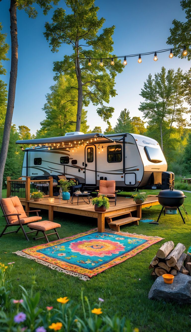 An RV parked at a green campsite with a wooden deck featuring outdoor seating, string lights, and camping gear surrounded by trees and wildflowers.