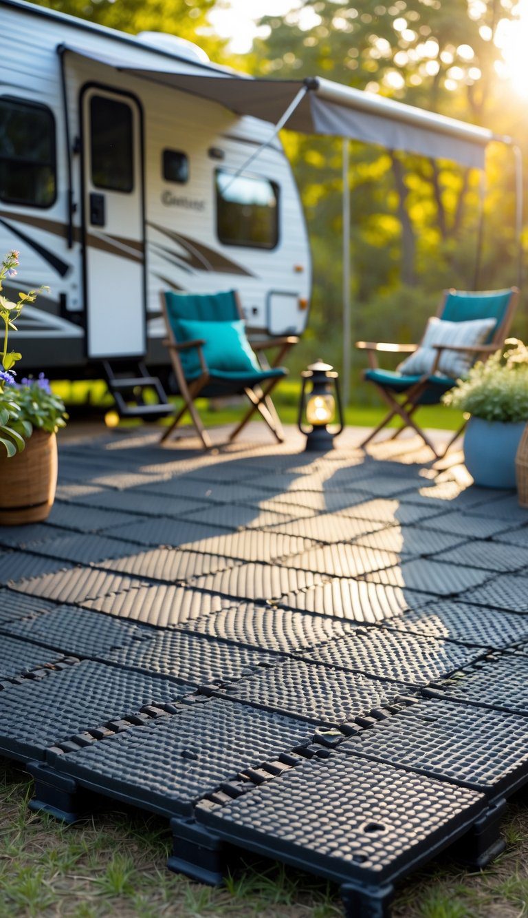 An RV campsite with portable interlocking outdoor deck tiles, camping chairs, a small table, and trees in the background.