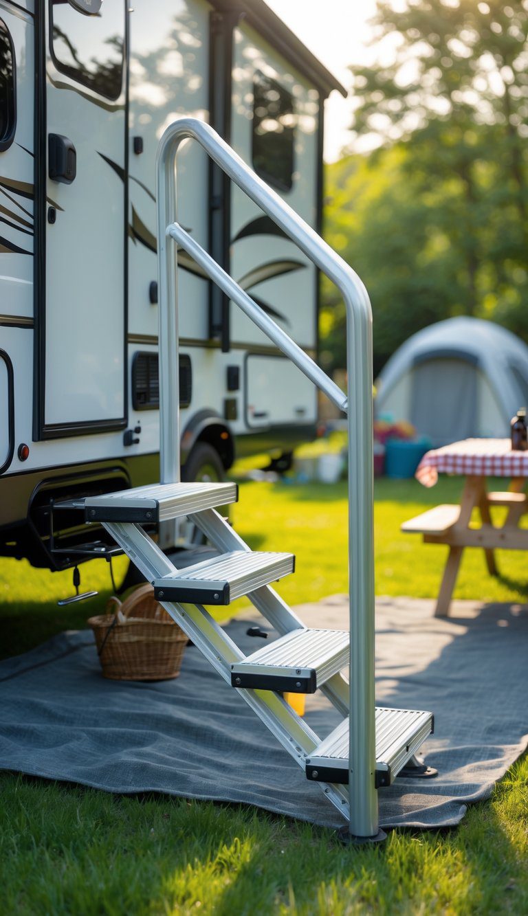 Foldable aluminum RV steps with handrail set up at a summer campsite next to a recreational vehicle surrounded by grass and trees.