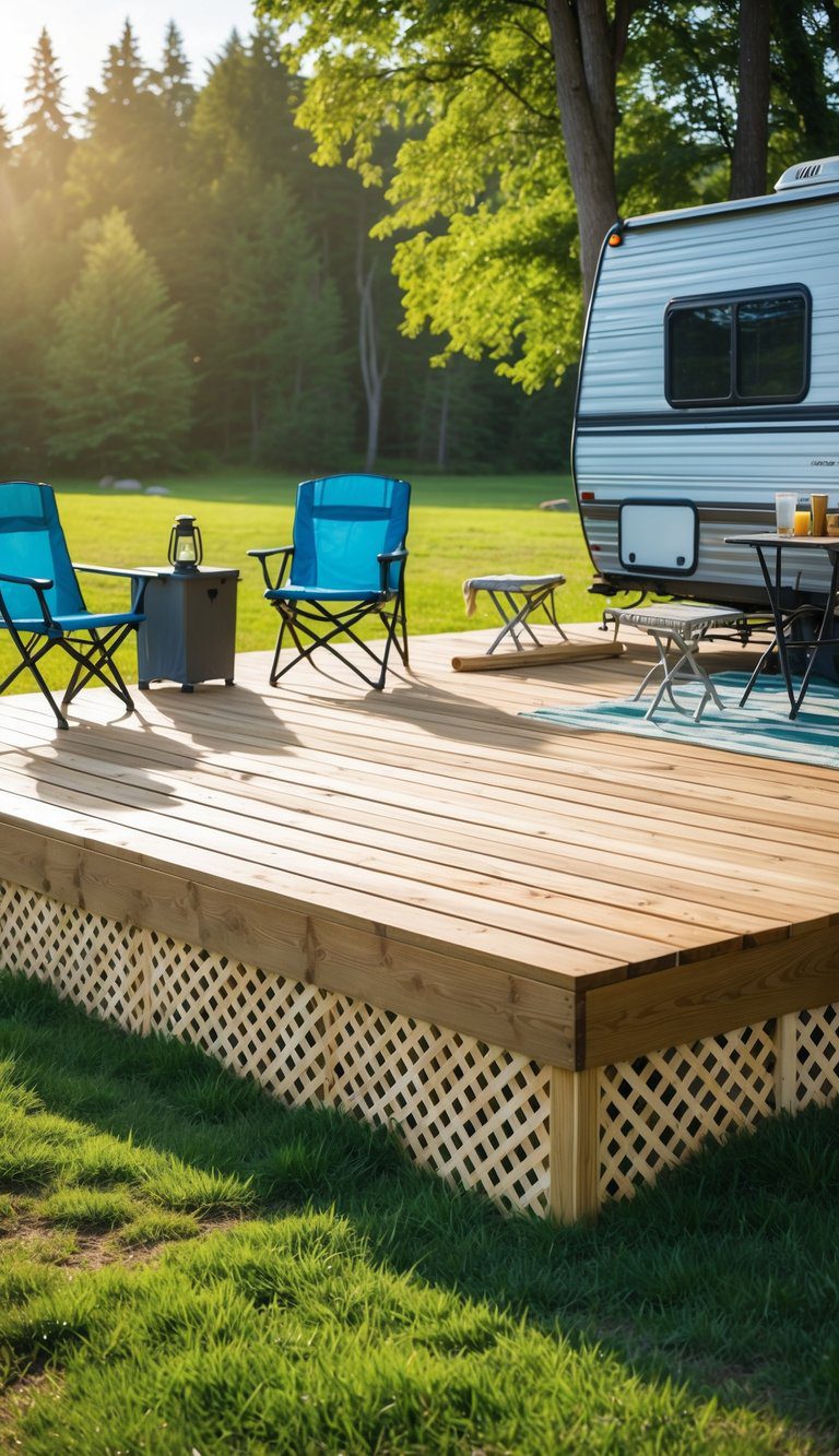 An elevated wooden platform with lattice skirting at a campsite, surrounded by grass, trees, camping chairs, a table, and an RV.