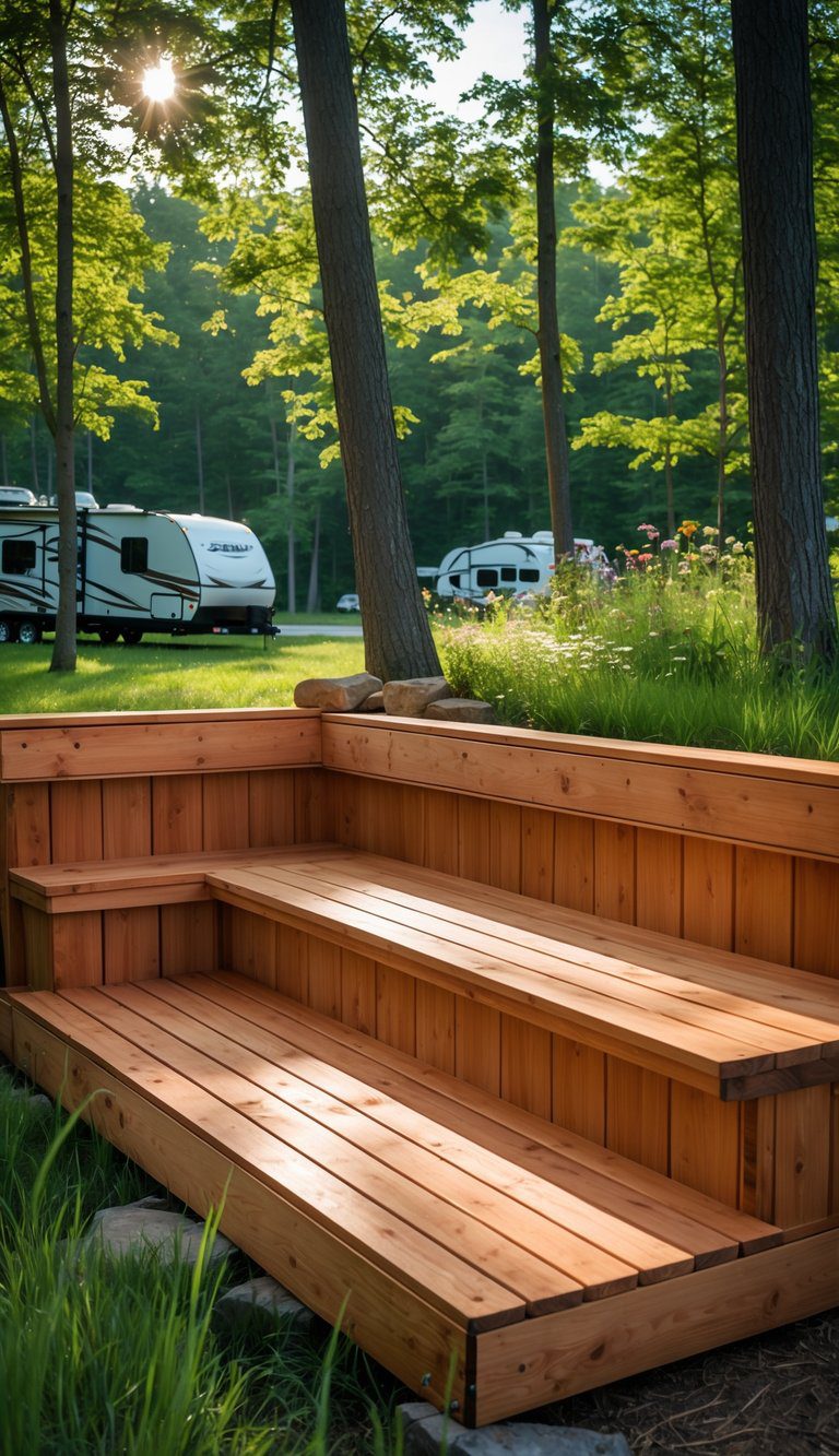 Raised cedar wood deck with built-in bench seating in a green forest campsite during summer.