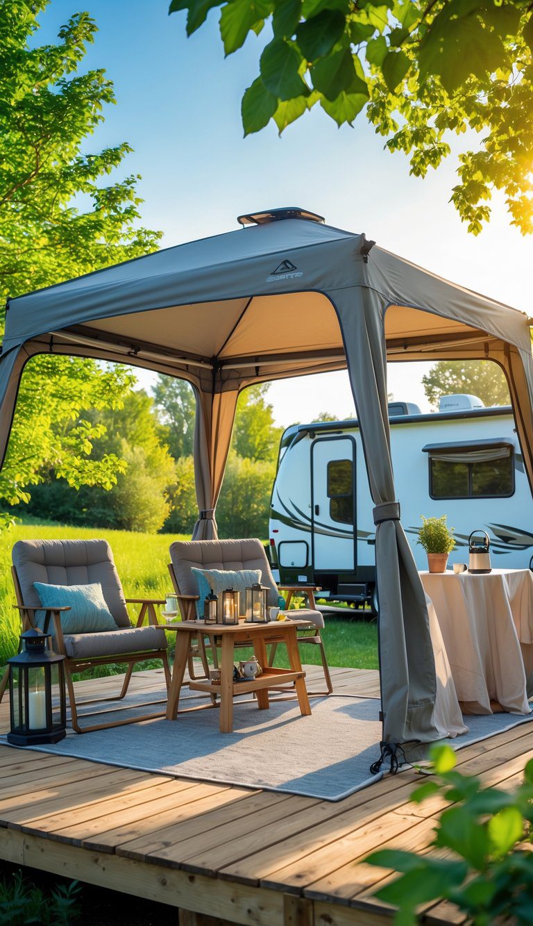 A summer campsite with a pop-up shade canopy on a wooden RV deck surrounded by trees and outdoor furniture.
