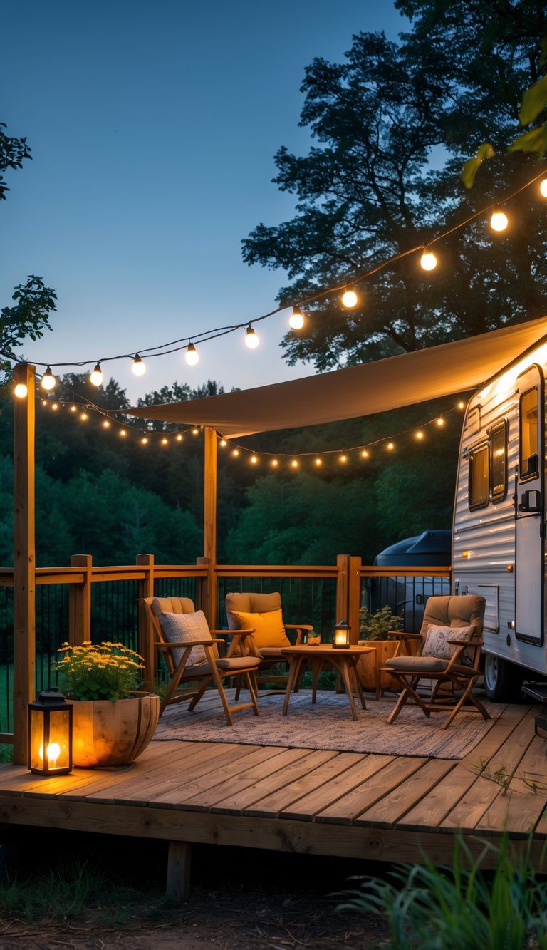 An RV parked next to a wooden deck lit by warm white string lights with outdoor seating and a fire pit surrounded by trees at dusk.