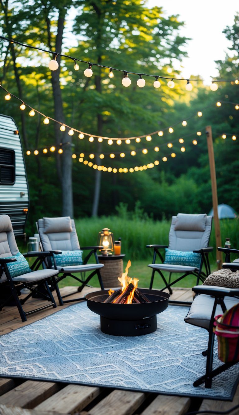 An outdoor area rug on a wooden RV deck with camping chairs around a fire pit and trees in the background.