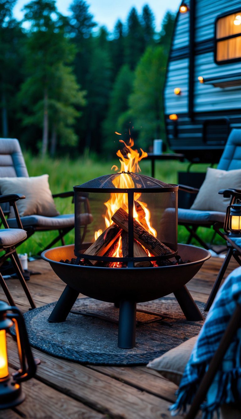 Wood-burning fire pit with spark screen on a wooden RV deck surrounded by camping chairs and forest in the background.