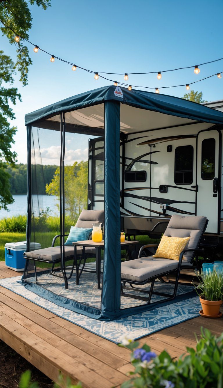A collapsible mesh screen room attached to an RV on a wooden deck with outdoor lounge chairs and a small table, surrounded by trees and greenery.