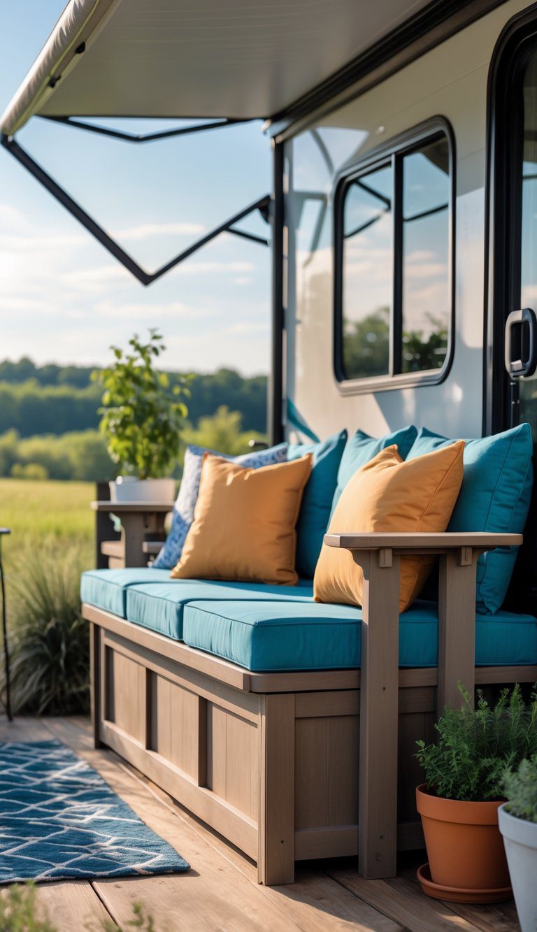 A built-in storage bench with weatherproof cushions on an RV deck surrounded by plants and outdoor scenery.