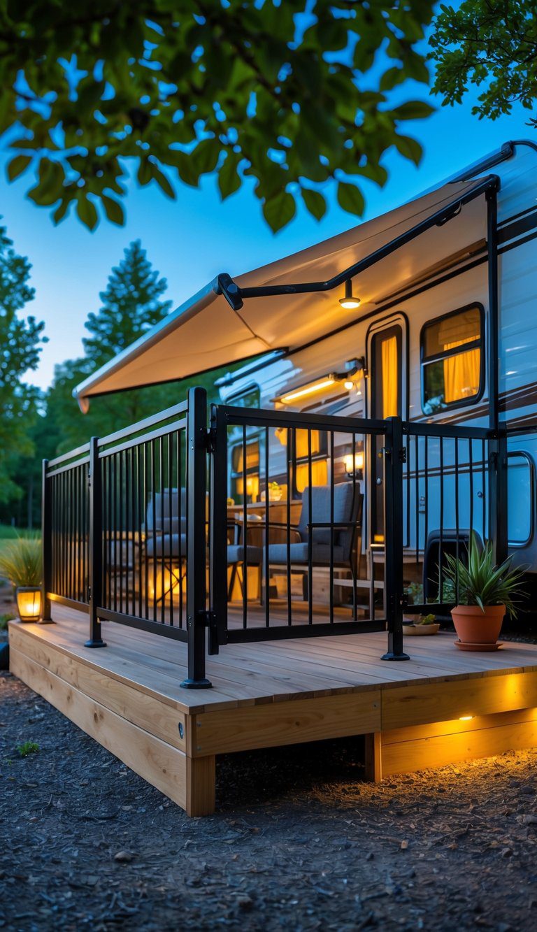 A wooden RV deck with a fold-down safety railing and gate, outdoor seating, and greenery in a summer campsite.