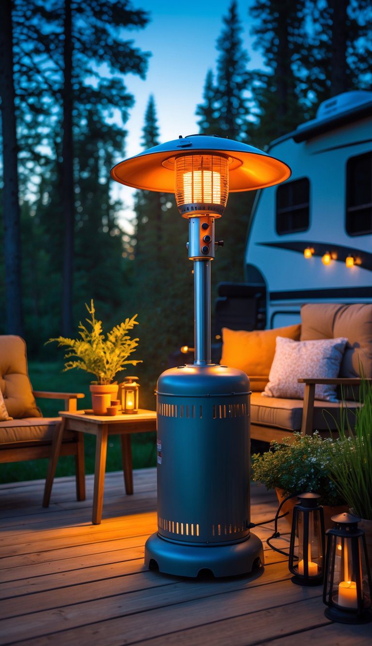 A portable propane patio heater glowing on a wooden RV deck with outdoor seating and a recreational vehicle in the background during a summer evening.