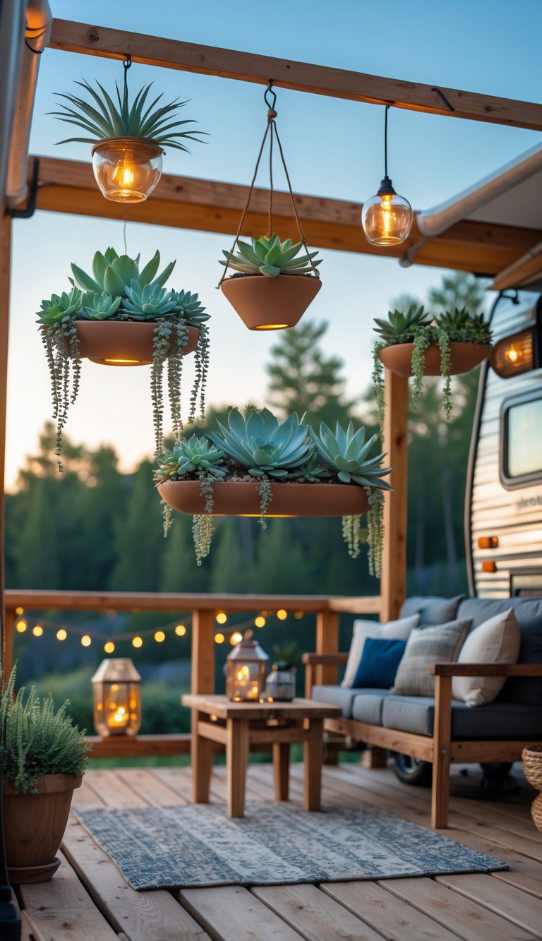 Hanging planters with drought-tolerant succulents on an RV deck surrounded by outdoor seating and trees.