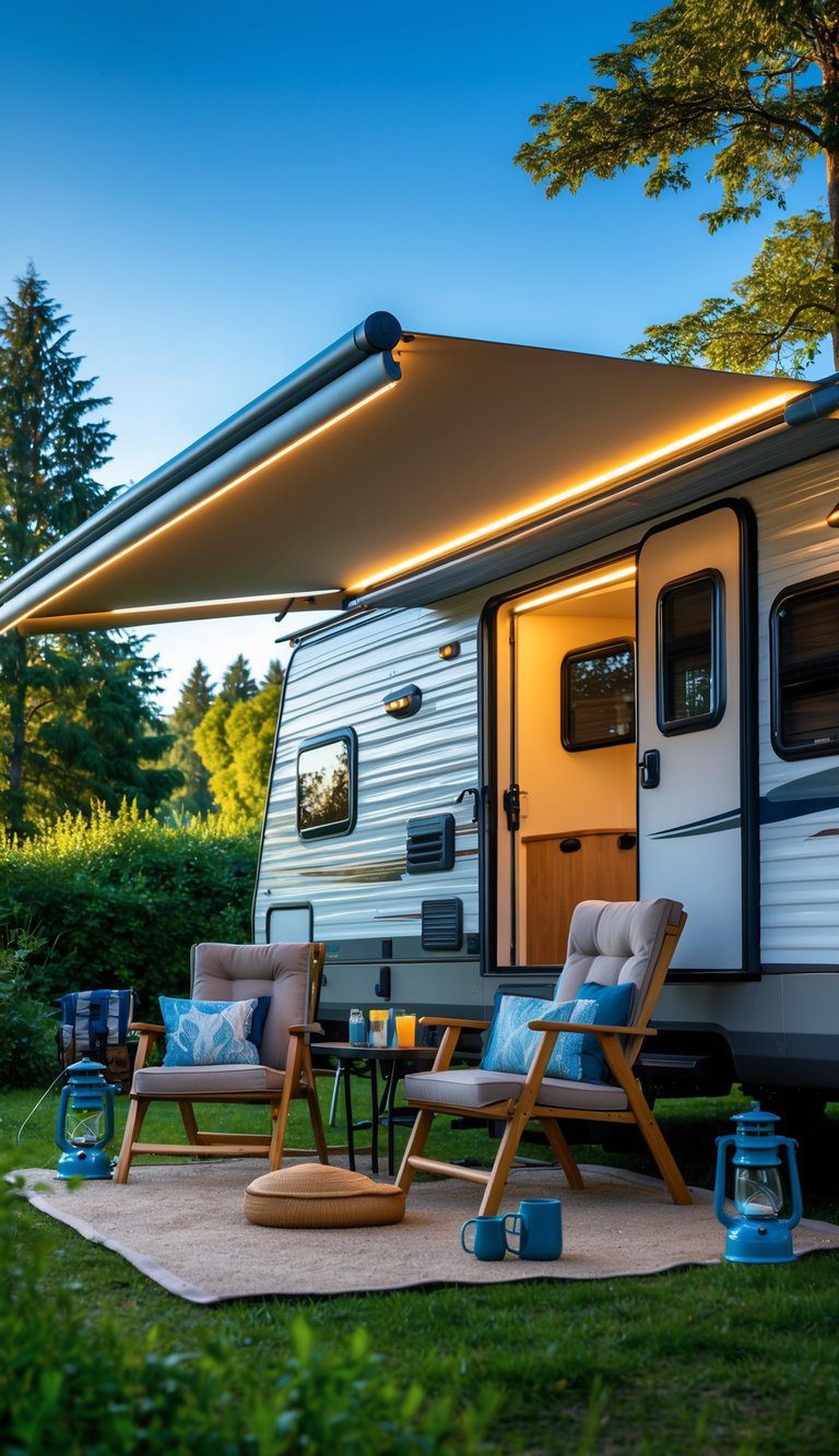 An RV at a summer campsite with a retractable awning and LED lights illuminating an outdoor seating area surrounded by trees.