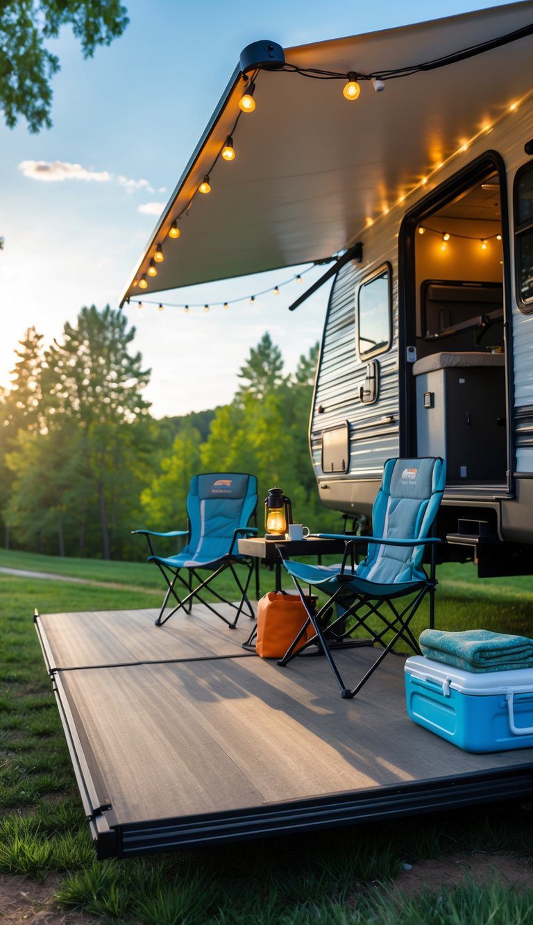 An RV with a rear deck conversion set up as a cozy outdoor seating area surrounded by trees at a summer campsite.