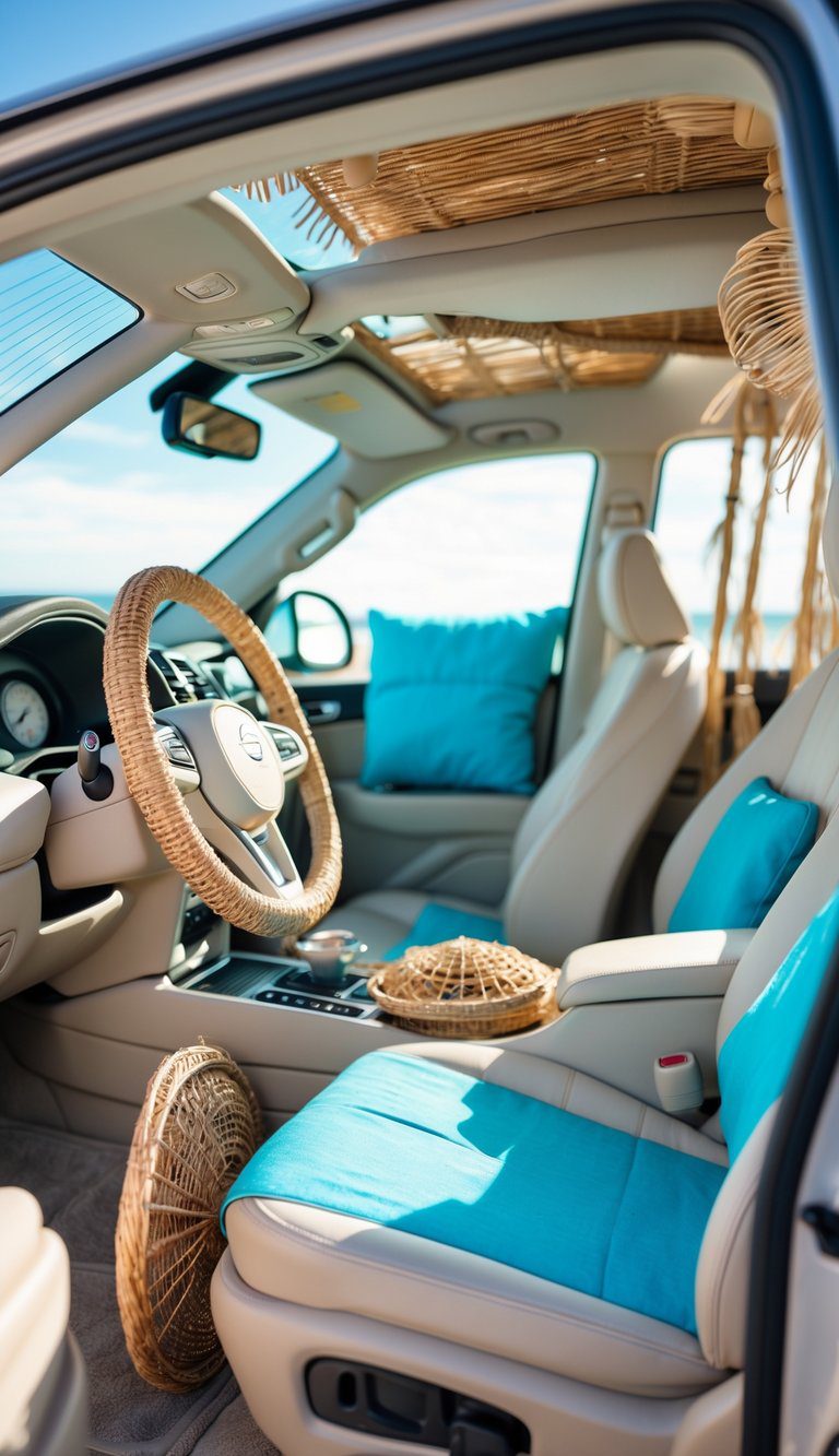 Car interior with light beige seats, blue accents, and natural beach-inspired decor, sunlight coming through open windows with a beach scene outside.
