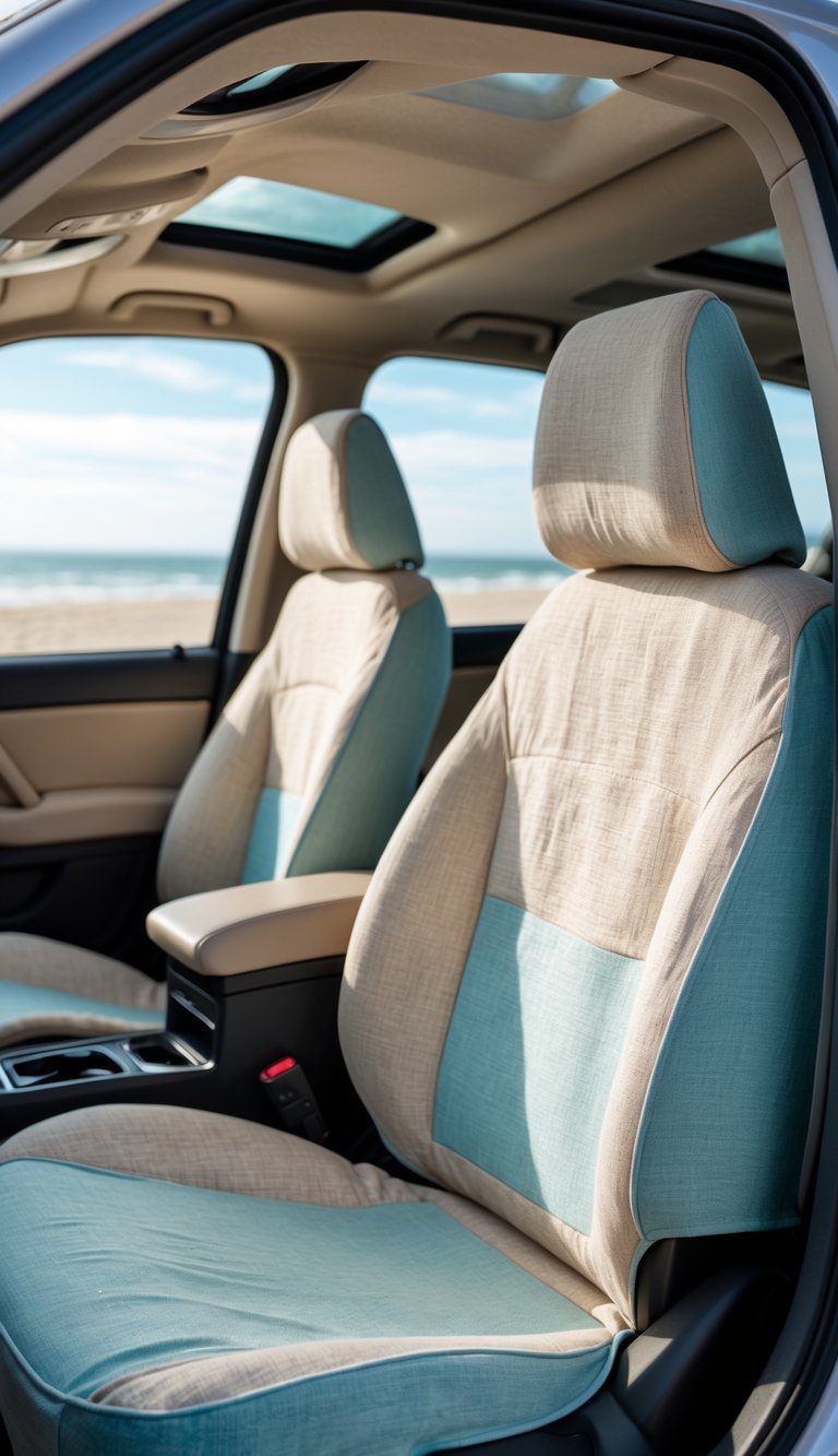 Car interior with linen seat covers in beige and light blue tones, sunlight coming through the windows, and a blurred beach scene outside.
