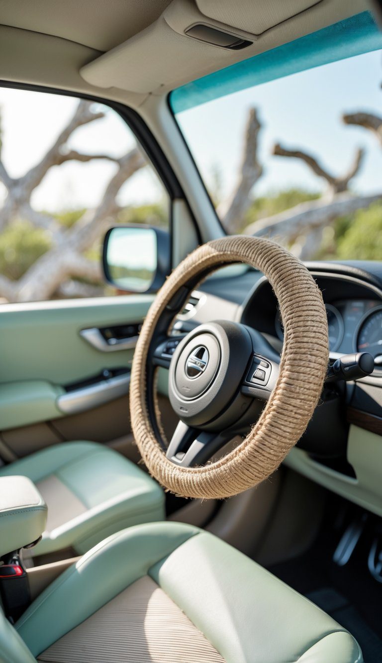 Car interior showing a steering wheel covered with jute wrapping and light-colored beach-themed decor.