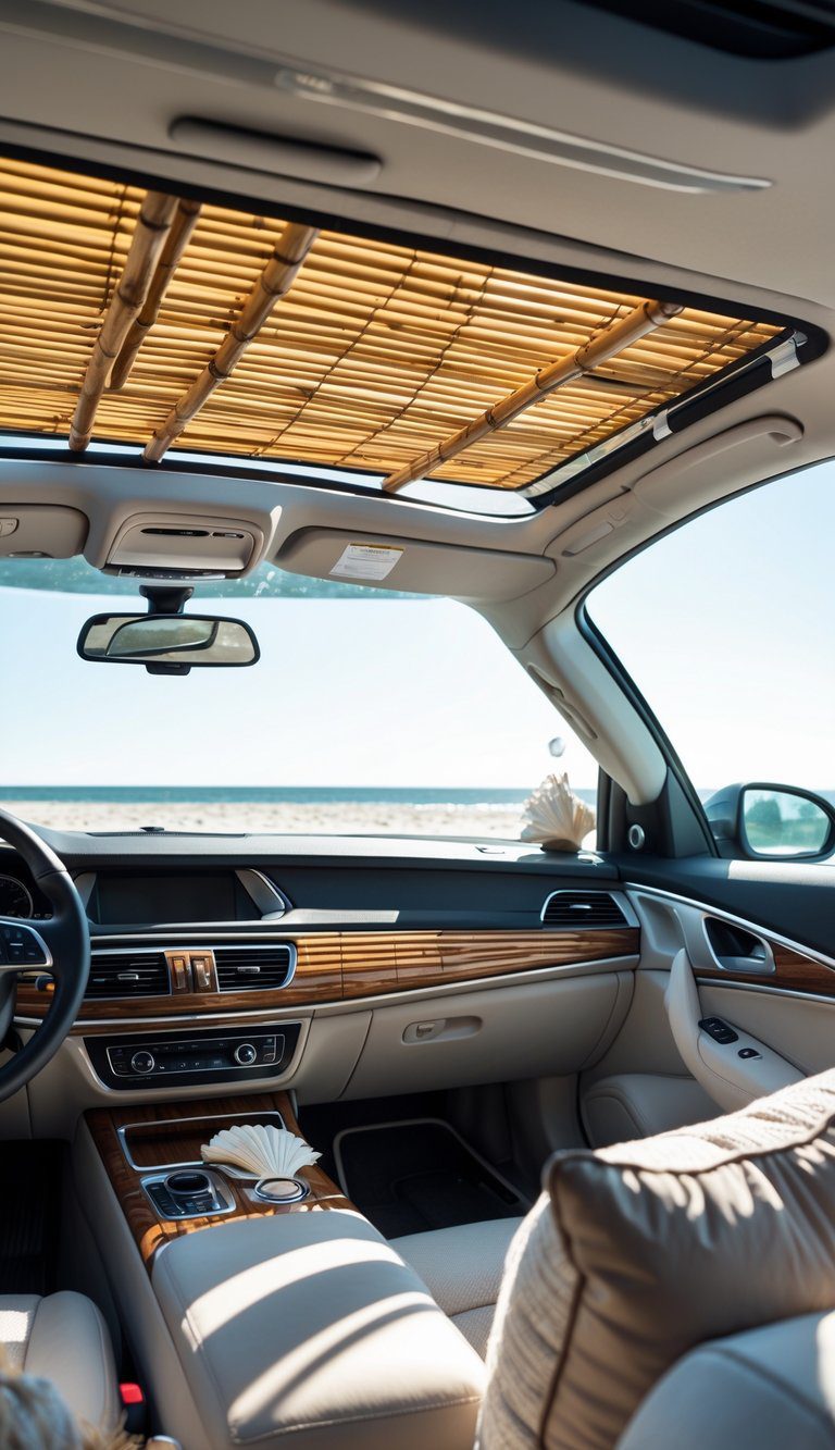 Car interior with a removable bamboo sunshade on the windshield, showing sunlight filtering through and a beach visible outside.