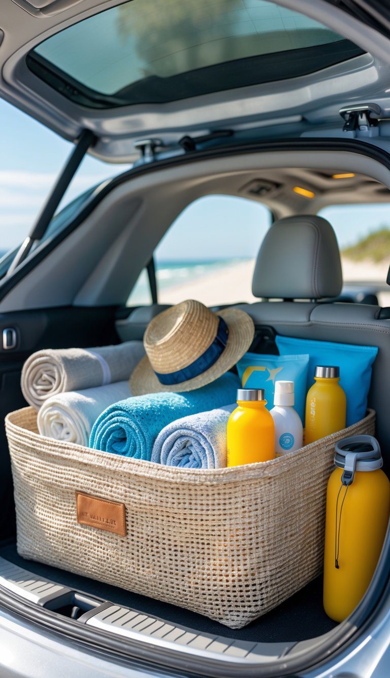 Open car trunk with a woven organizer holding beach items like towels, sunscreen, and flip-flops on a sunny day near the beach.