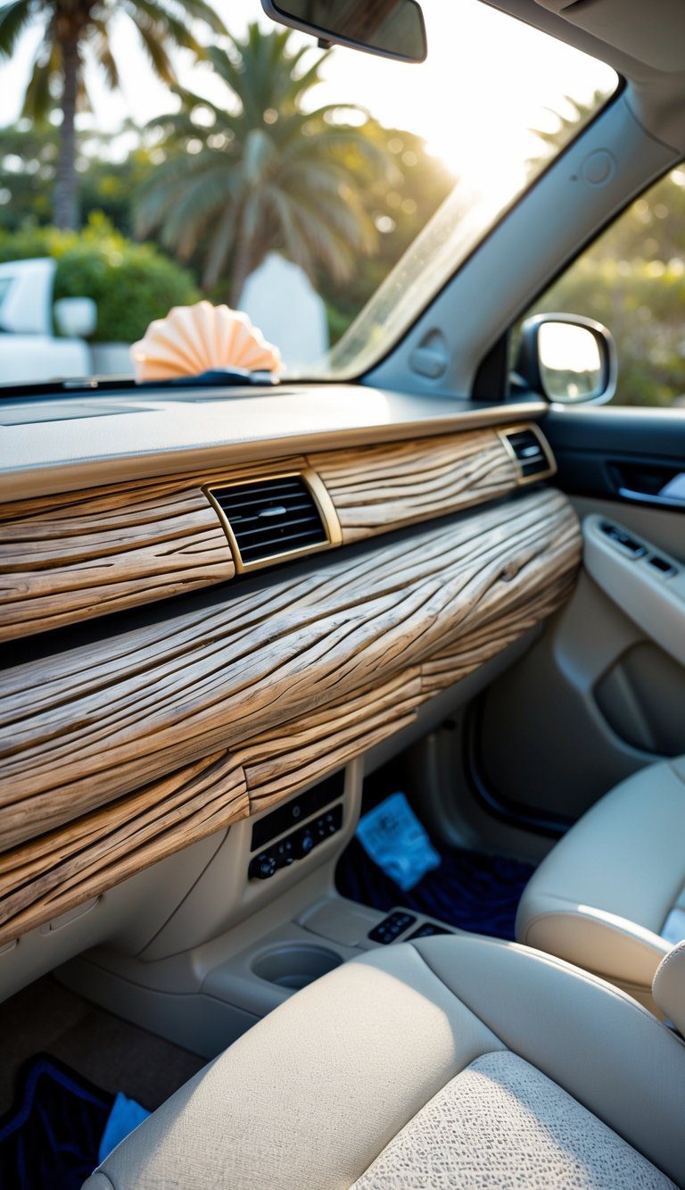 Car interior with a dashboard featuring driftwood-style trim and light-colored seats, illuminated by natural sunlight.