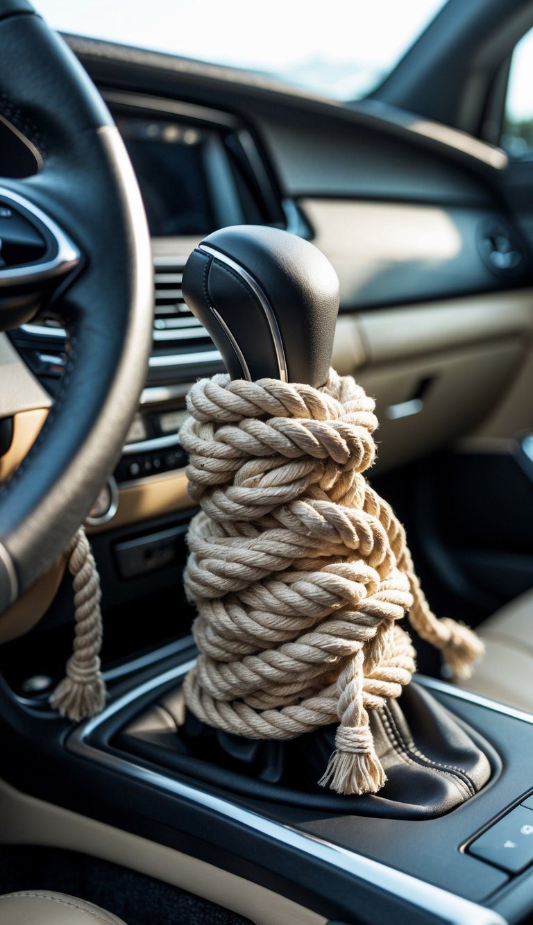 Close-up of a car gearshift boot tied with nautical rope inside a car interior.