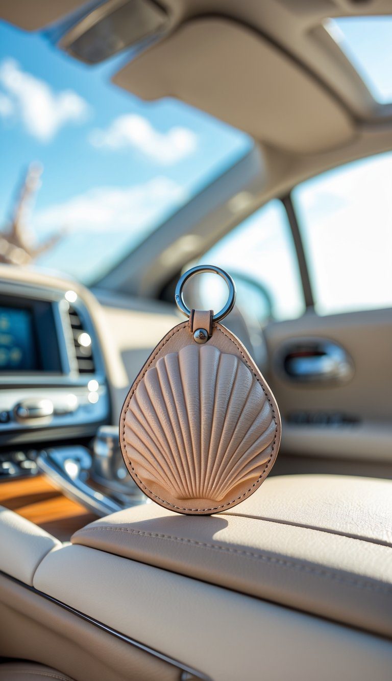 Close-up of a shell-embossed leather key fob resting on a car center console with light-colored coastal-themed interior.