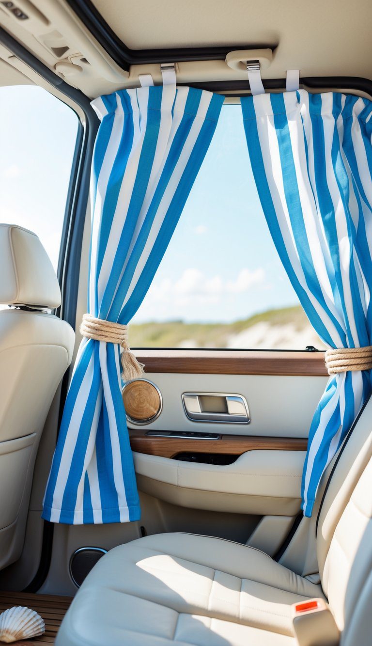 Car interior with blue-and-white striped window curtains and sunlight shining through the windows.