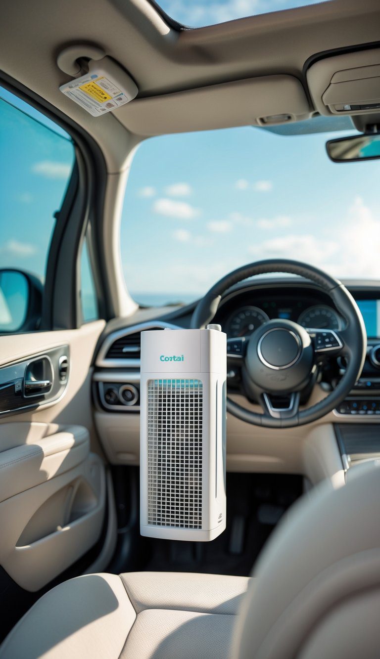 Car glovebox open with a small portable dehumidifier inside, showing a light and airy car interior with beach-inspired colors.