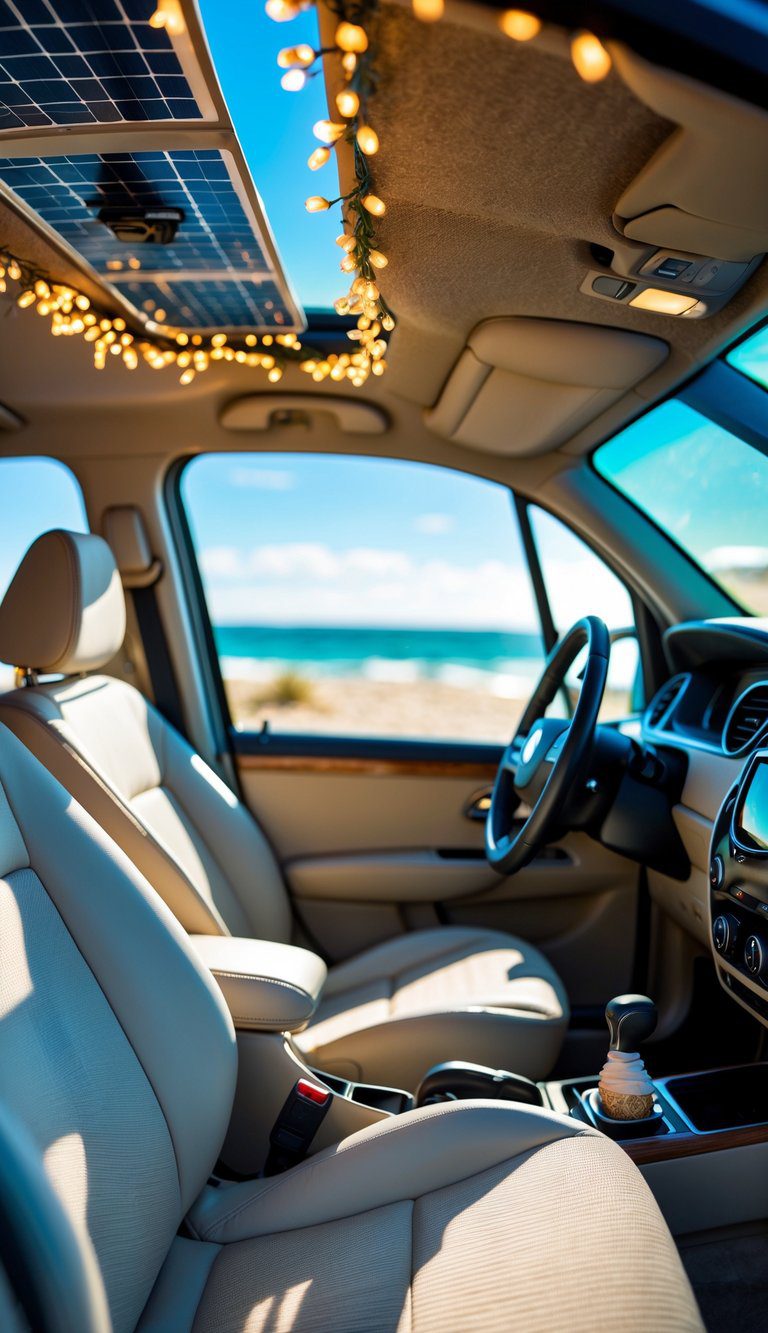 Car interior with solar-powered LED fairy lights along the headliner and beach-inspired decor, sunlight coming through the windows.