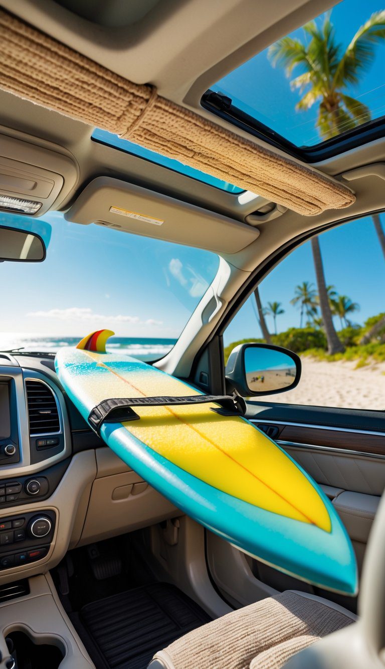 Car interior with a padded surfboard rack holding a surfboard, sunlight coming through windows with a beach scene outside.