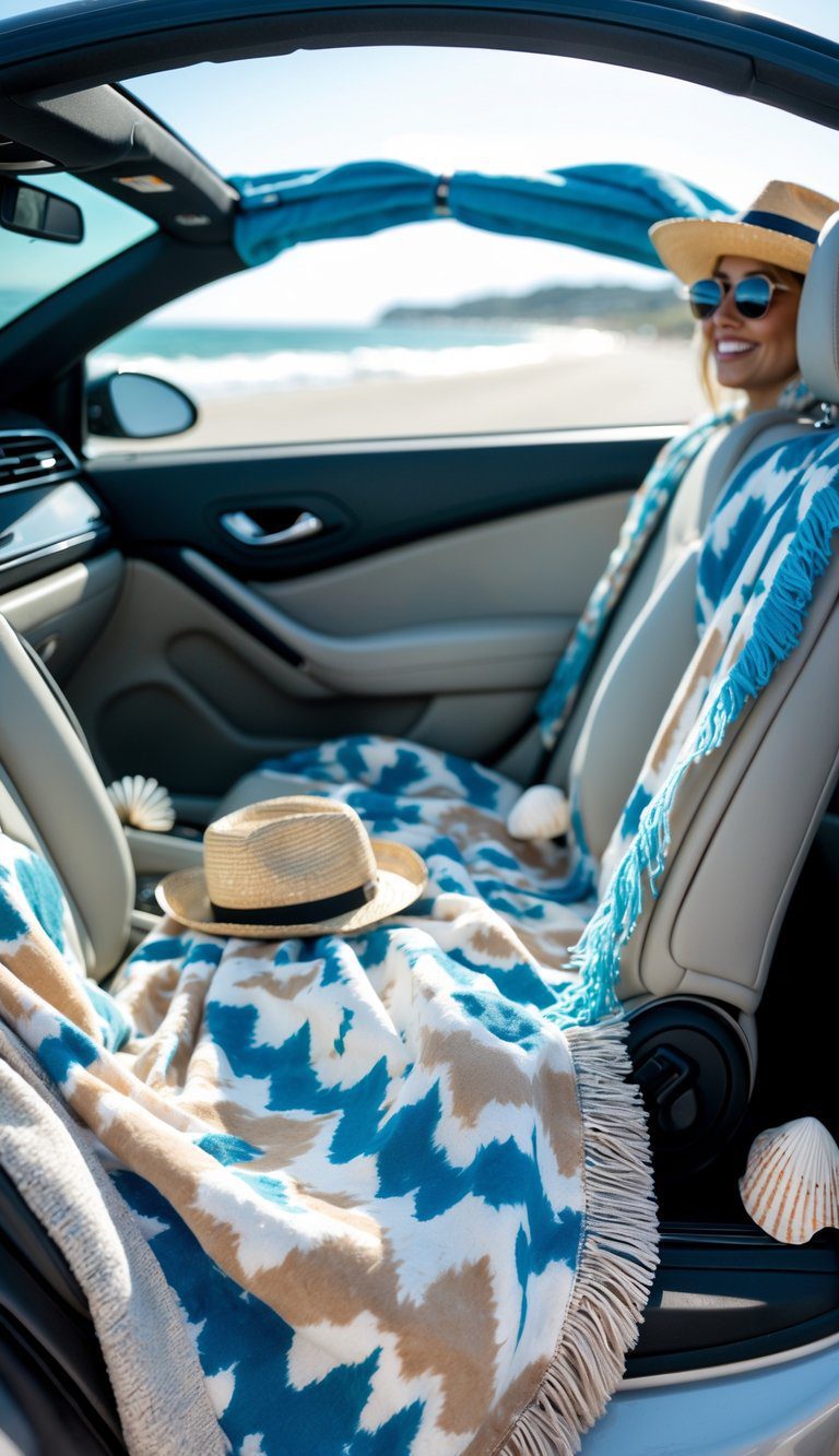 Convertible car interior with a coastal ikat print blanket draped over the seats, sunlight streaming in, and a beach visible in the background.