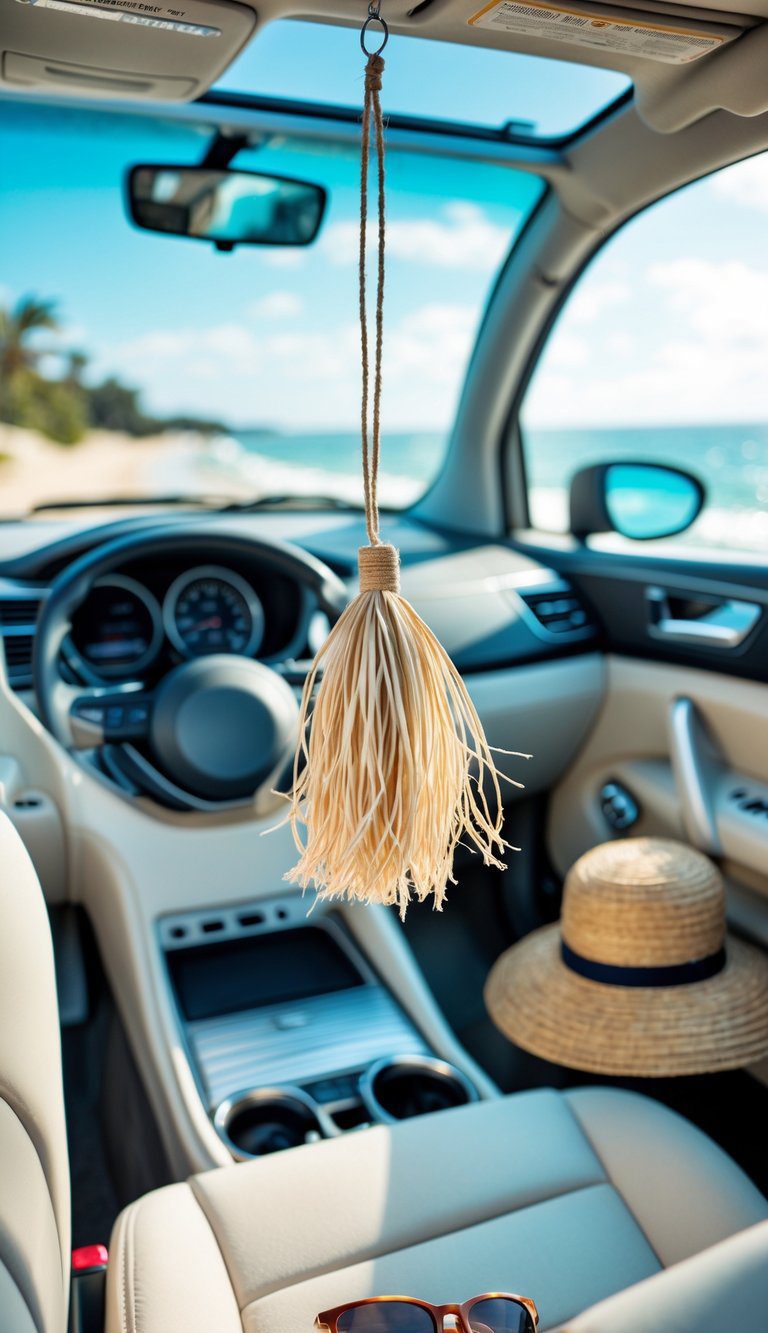 Car interior with a sisal air freshener hanging from the rearview mirror and beach-themed items inside, sunlight coming through the windows.
