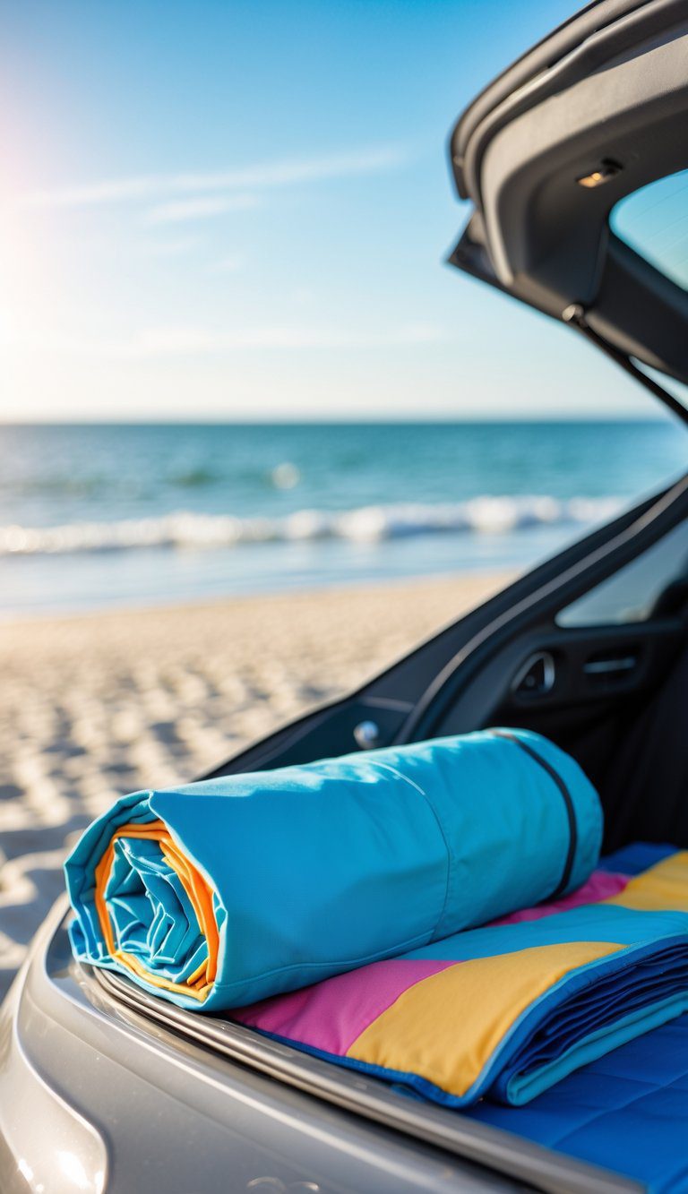 A waterproof picnic blanket folded inside the trunk of a car parked near a sunny beach with sand and waves in the background.