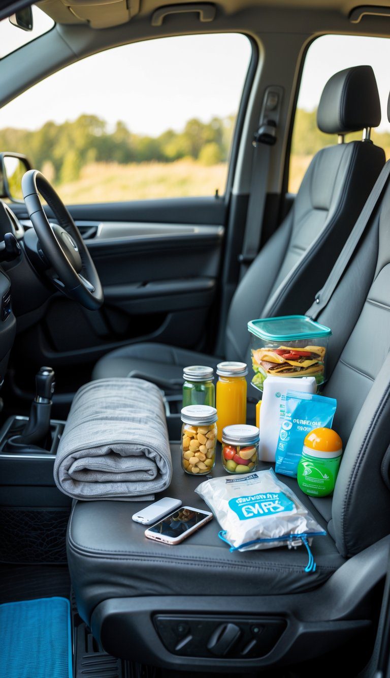 Twelve essential items for a comfortable weekend road trip arranged inside a car, including a travel pillow, first aid kit, water bottles, snacks, blanket, phone charger, sunglasses, cooler bag, toiletry kit, map, headphones, and umbrella.