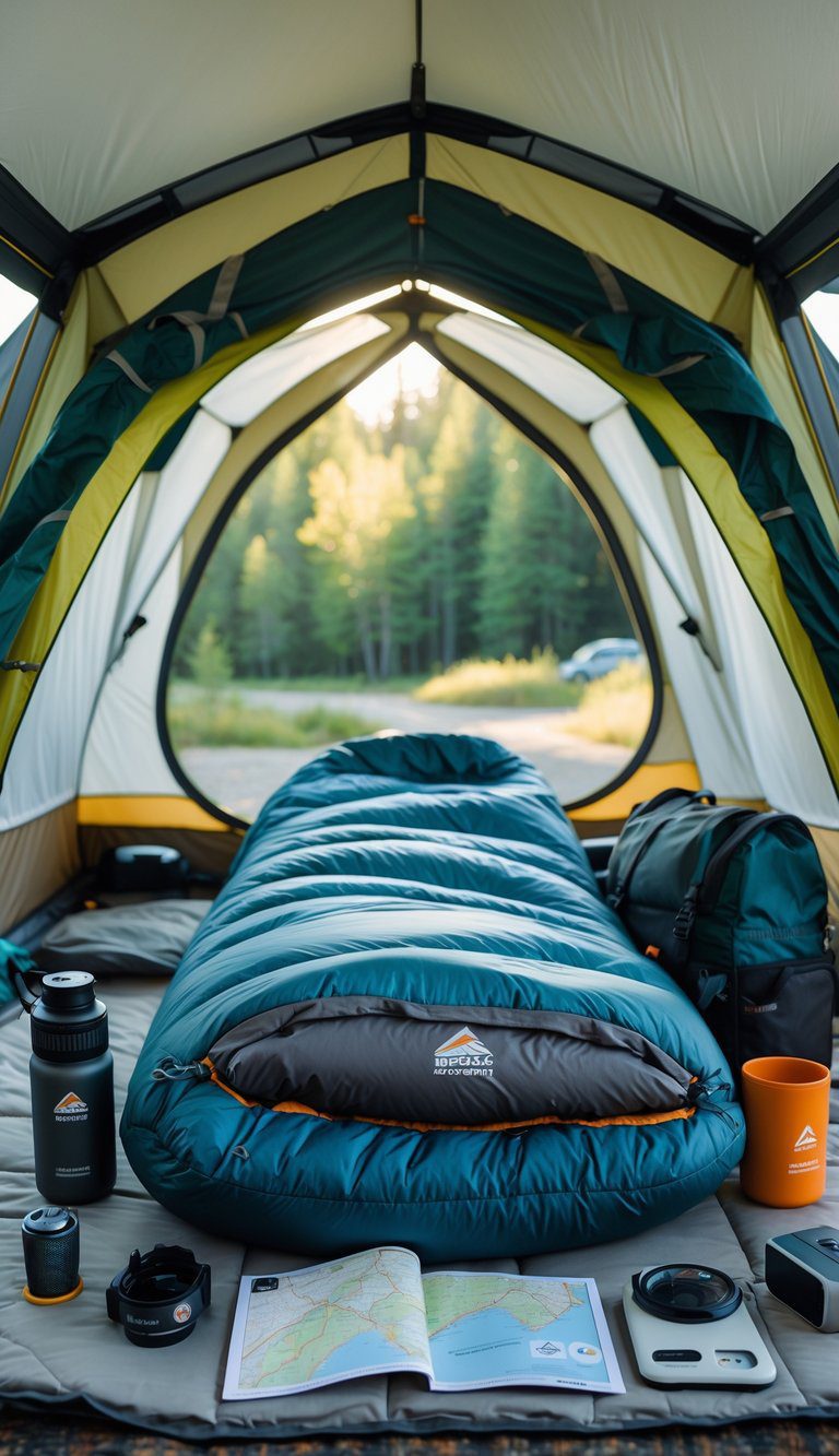 A camping tent interior with a sleeping bag laid out and essential camping gear arranged nearby, set against a forest background.