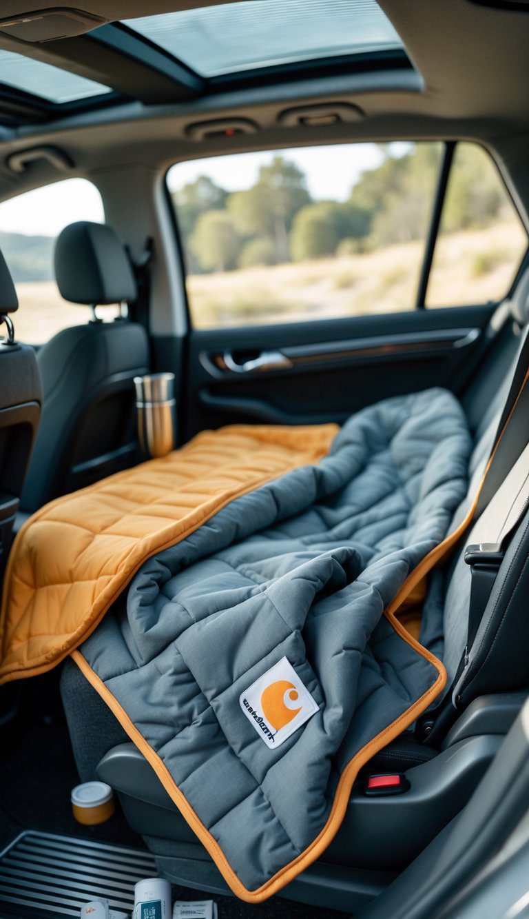 Car interior with a warm insulated blanket spread over the backseat and travel essentials arranged nearby.