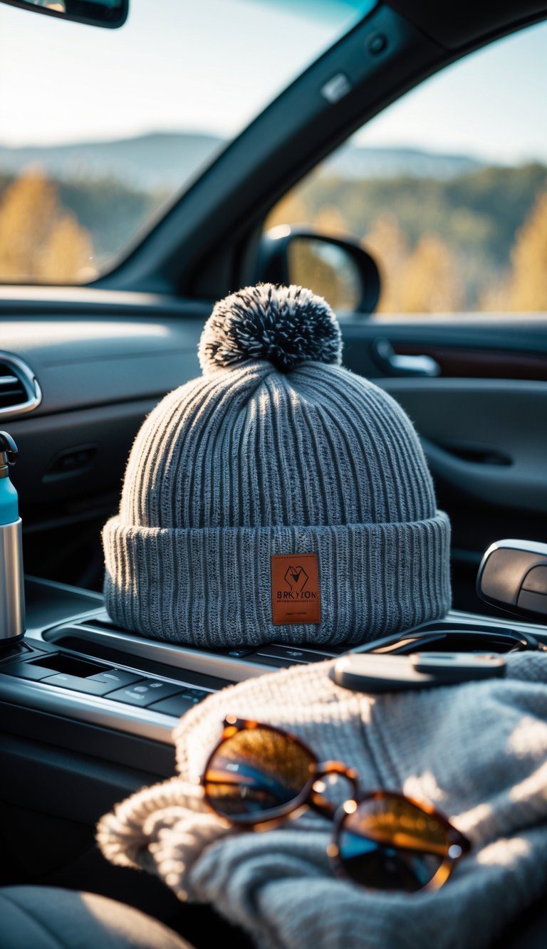 A wool blend beanie resting on a car dashboard with travel essentials nearby and a scenic outdoor view through the window.