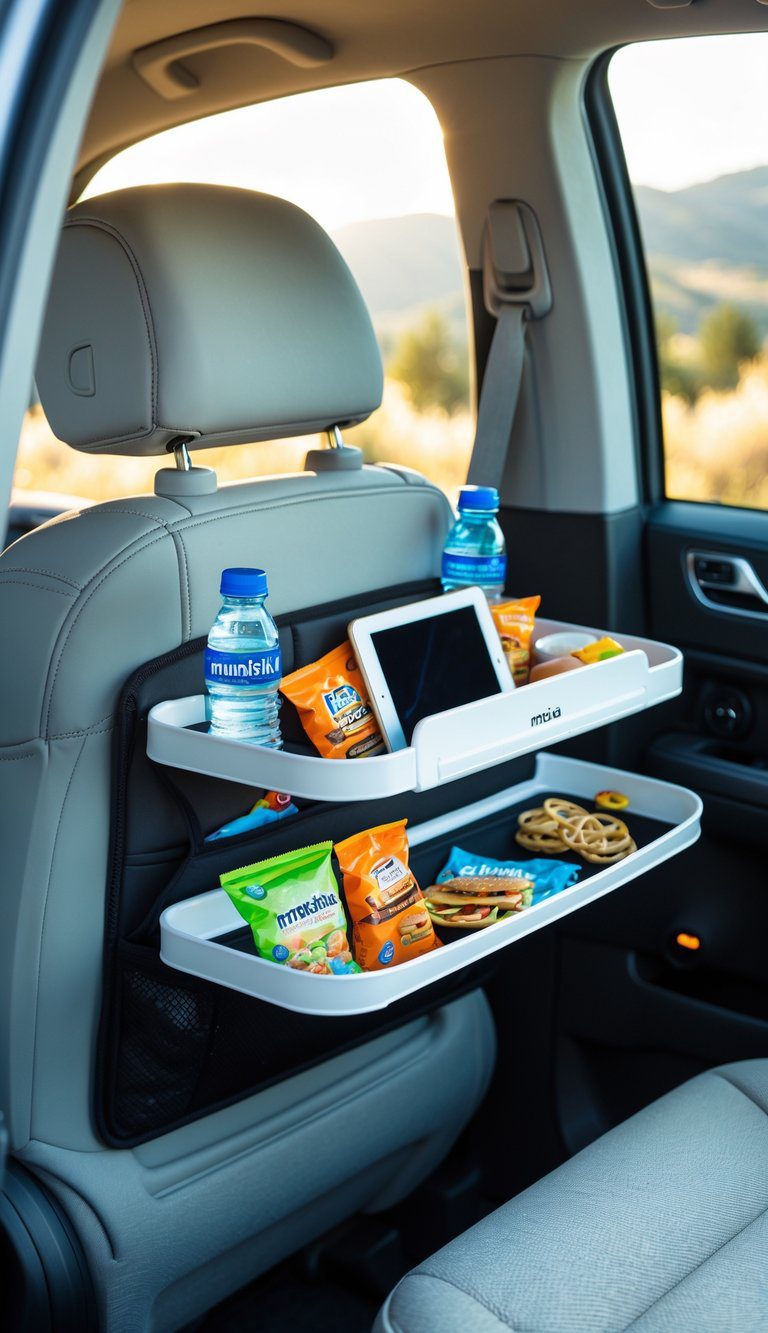 A foldable travel tray attached to a car seat holding snacks, a water bottle, a toy, and a tablet inside a car during a road trip.