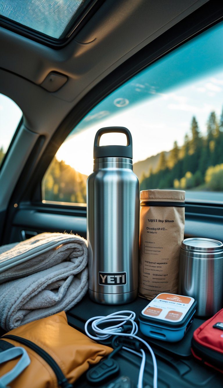 A Yeti Rambler 26 oz bottle on a car dashboard surrounded by travel essentials like a blanket, pillow, portable stove, and charger with a scenic forest landscape visible through the windshield.