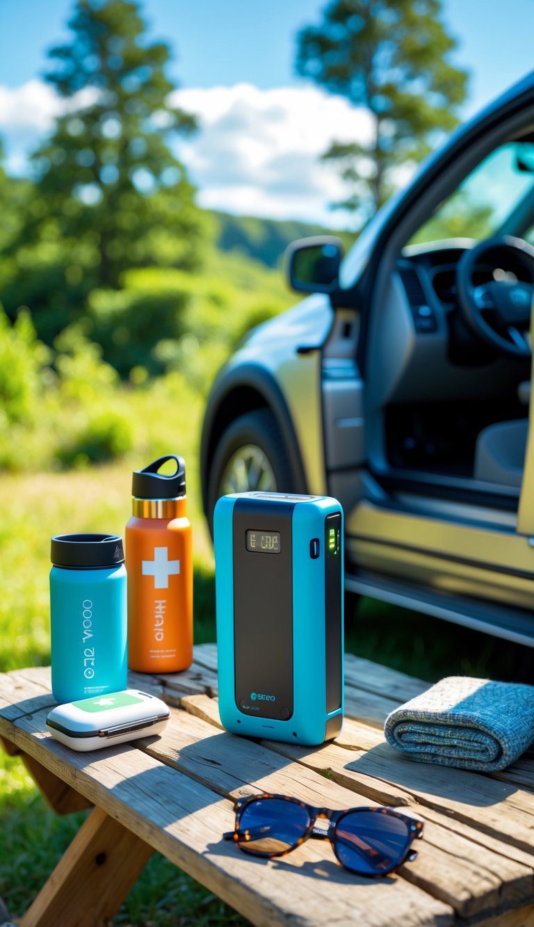 Goal Zero Flip 36 portable power bank on a picnic table with car living essentials and an open car door in a green outdoor setting.