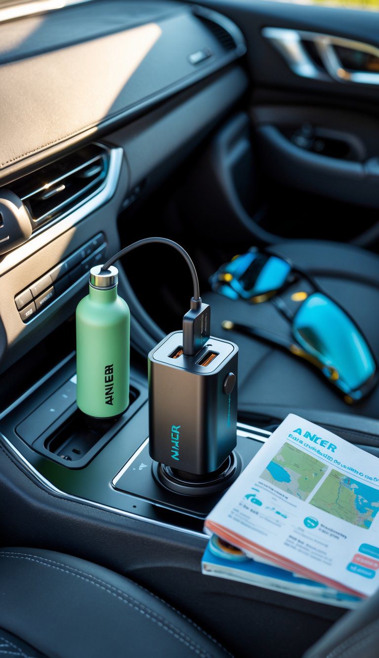 An Anker Roav 65W car charger plugged into a car power outlet surrounded by travel essentials inside a car.