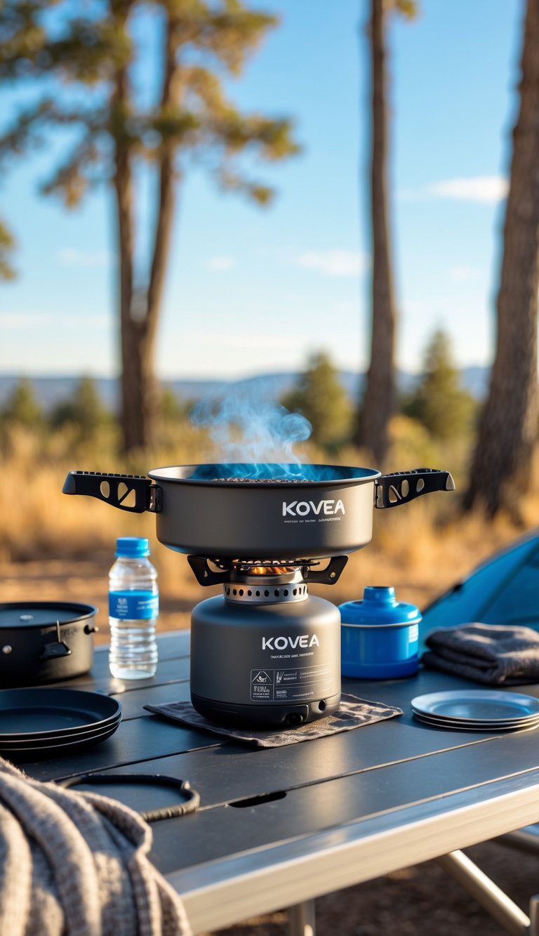 A portable butane stove on a picnic table outdoors surrounded by camping and car living essentials during a road trip.